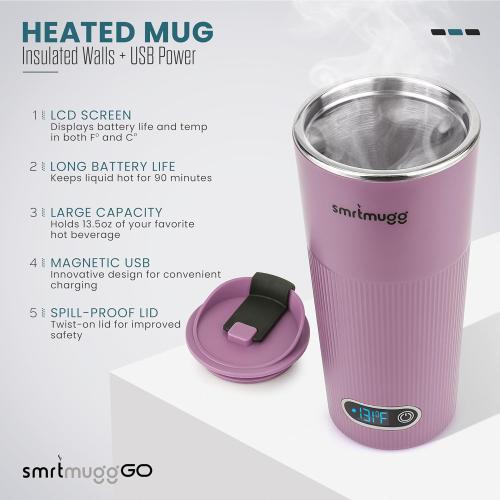 Lilac 13.5oz GO Heated Coffee Mug, Travel Mug, 13.5 OZ. Smart Mug, Battery Powered Heated Coffee Mug, Great for Coffee and Tea, Snap on Magnetic Charging Cord, New and Improved (Lilac)