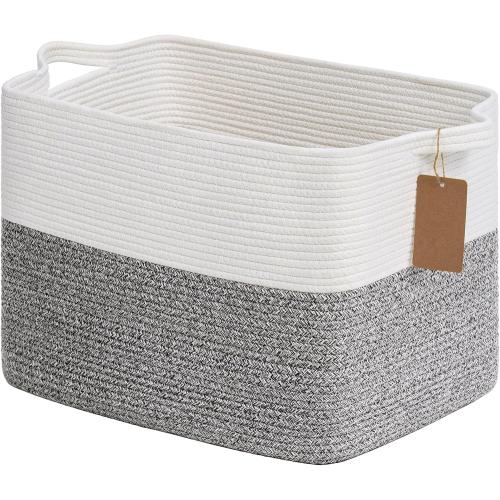 Goodpick Woven Storage Basket, Cotton Rope Baskets with Handles, Toy Baskets Storage Kids, Blanket Basket for Living Room, Bedroom, Gray and White, 18 x 14 x 12 Inches