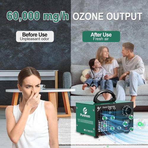 Ozone Generator & Ozone Odor Eliminator 60,000mg/h, Industrial & Home Ozone Machine with Temp/Humidity Display, Removing Odors for Rooms, Smoke, Cars, Pets, Basements, Farms(Green)