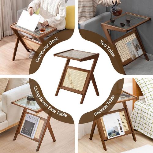 Product new. Box damage Rattan End Table with Magazine Rack Glass-top Bamboo Sofa Side Table Accent Bedside Nightstand Boho Z Shaped Coffee Table for Bedroom Living Room Small Space, Walnut