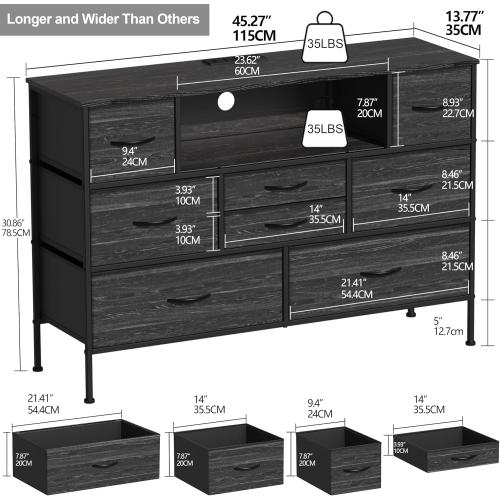 Charcoal black Wide Dresser with Charging Station and LED Light for Bedroom 8 Fabric Drawers Chest of Drawers with Power Outlet Storage Open Shelf for Living Room TV Stand Closet Hallway (Charcoal Black)