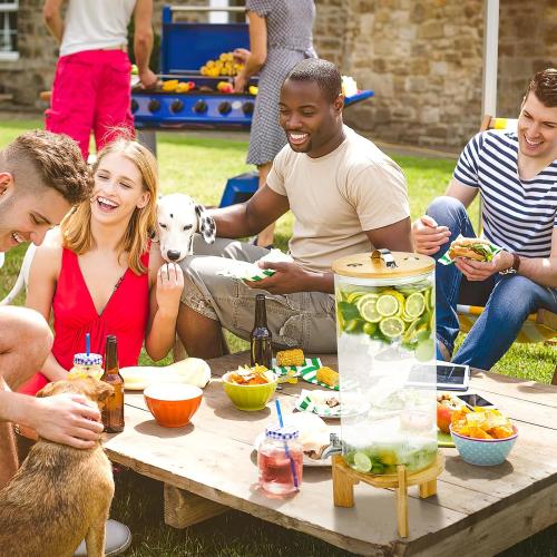 Size 2.9 Beverage Dispenser 2.9 Gallon with Spigot Glass Water Dispenser for Parties, Bars, Restaurants (11L）with Wood Stand Drink Dispensers