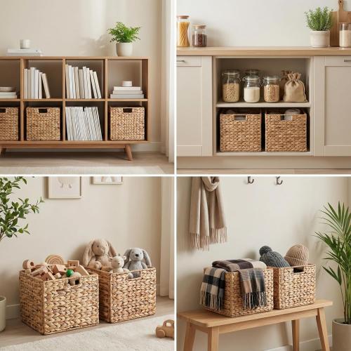 10.5 x 10.5in Wicker Storage Baskets, Cube Foldable Water Hyacinth Storage Baskets for 11 x 11 Cube Shelves Set of 4