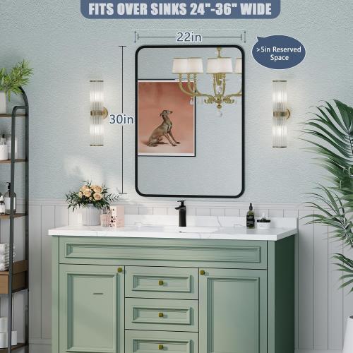 Black Bathroom Mirror for Over Sink - 22×30 Rectangle Bathroom Vanity Mirror Wall Mounted with Matte Aluminum Frame & Rounded Corners, Shatterproof Glass, Horizontal/Vertical