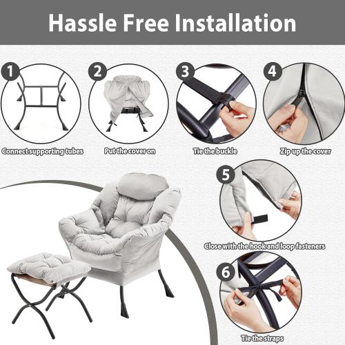 Youtanic Lazy Chair with Folding Ottoman, Accent Chair Velvet Upholstered with Metal Structure and Non-Slip Pads, Sofa Armchair with Footrest and Side Storage Bag for Dorm, Room, Office, Light Gray