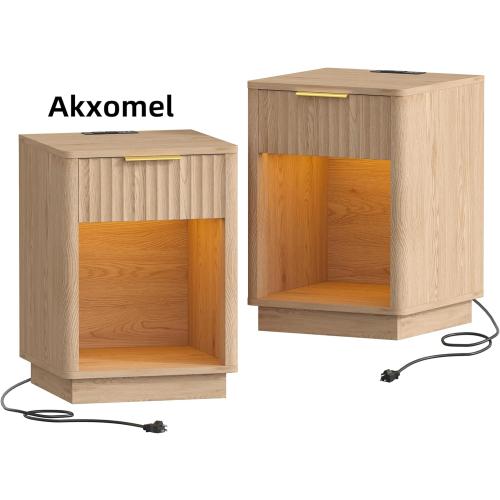 Akxomel Fluted Nightstands Set of 2, Wooden Night Stand with Charging Station and LED Light, Modern Mid Century Bed Side End Table with Drawer, 15 D x 15.7 W x 22.6 H, for Bedroom, Natural Oak