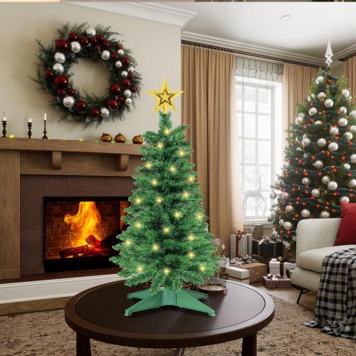 3 Ft Green Christmas Tree with Lights, Timer 8 Modes 50 Warm White Lights Battery Operated Small Artifical Full Christmas Tree for Tabletop Home Office Indoor Outdoor Xmas Holiday Party Decorations