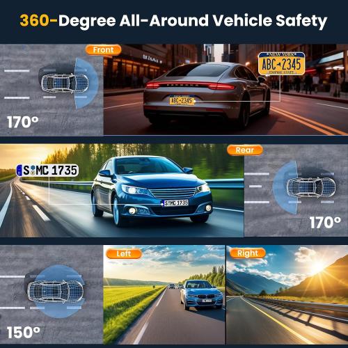 4 Channel Dash Cam 360° View Front Rear Inside & Left Right,4K 1080P*3 FHD Car Camera,5G WiFi & APP Control,8 IR Lamps Night Vision, G-Sensor, 24H Parking Mode, with a Free 64GB SD Card