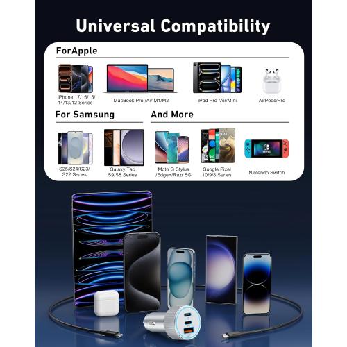 67W 3-Port Super Fast Type C Car Charger USB C for iPhone 17/Air/16/16e/15 Pro Max, Samsung Galaxy S25 S24 S23, Pixel, Android, Car Adapter Accessories for Men Women   3FT USB-C Cable Silver
