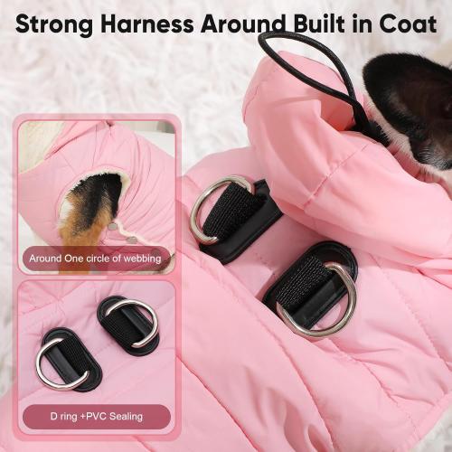 Fleece Lining Dog Hoodie with Harness Built in,Extra Warm Small Dog Jacket in Winter Puppy Coats with Drawstring Hooded,Light Pink XS