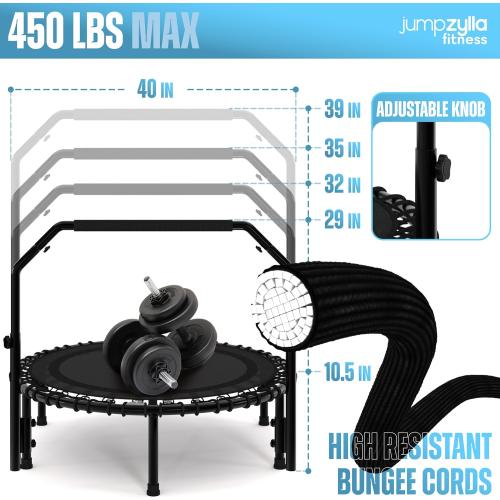 Jumpzylla Fitness Trampoline 40 or 48 | Foldable Mini Rebounder Trampoline for Adults with Bar | Durable, Quiet, Low-Impact Exercise Equipment for Indoor and Home Workouts (550 LBS Capacity)