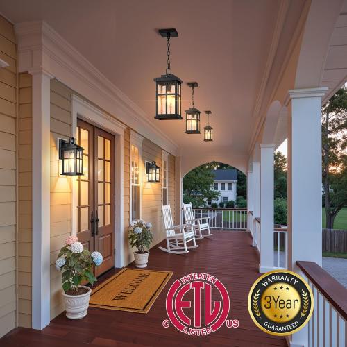 VIANIS Dusk to Dawn Large Outdoor Pendant Light Fixture, Black Modern Outdoor Hanging Porch Light, Anti-Rust Waterproof Exterior Chandelier for Porch with Adjustable Chains, Exterior Pendant Light