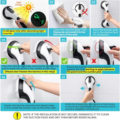 TAILI Grab Bars for Shower Glow in The Dark, 2 Pack 12.2 in Grab Bars for Bathtubs and Showers,Safety Grip,Shower Handle Shower Rail for Seniors and Elderly Removable No Drilling Waterproof Black