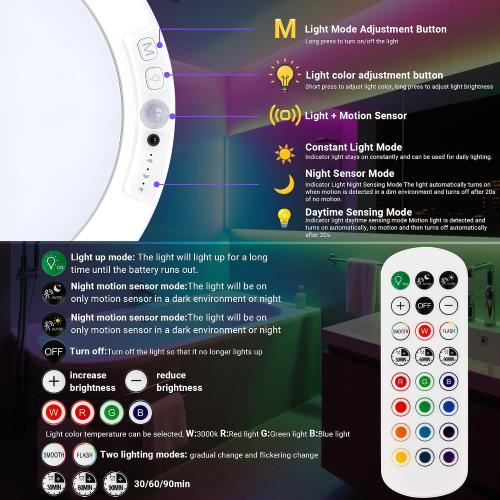Shower Lights for Inside Shower - 1 Pack Rechargeable Ceiling Light with Remote, Color Changing & White Timing Light, Motion Sensor Battery Powered Shower Lamp for Bathroom Closet Patio