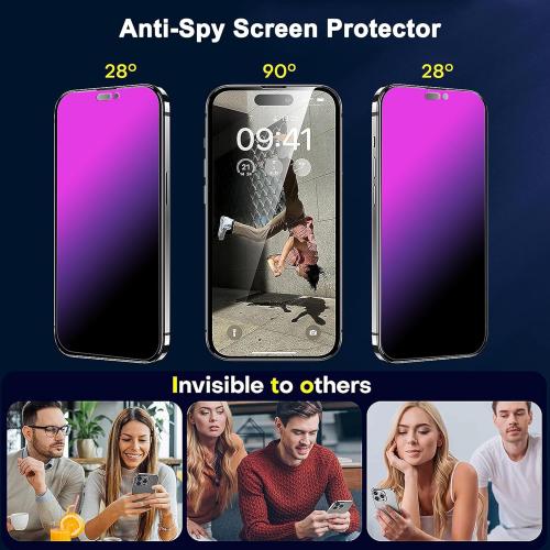 Compatible with iphone 15 Pro Max Privacy screen protector 2 Pack Gradient Colorful 28° Anti-Spy Full Coverage Tempered Glass with Installation Alignment Frame anti Blue light eye protection