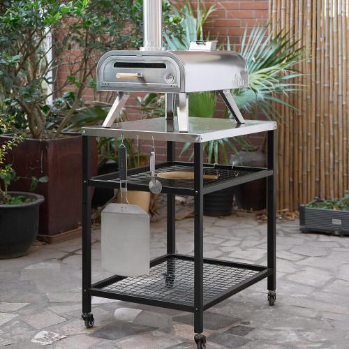 Stainless Steel Outdoor Grill Cart Pizza Oven Stand Trolley Table with Wheels Three-Shelf Movable Food Prep and Work Table Heavy Duty Grill Carts Outdoor Cart 31.5×24×35.5