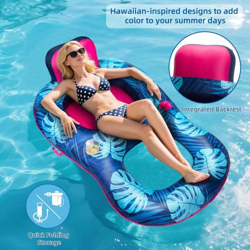 Upgrade Travel Pool Floats Adult with Carry Bag, Fabric Portable Packing Inflatable Pool Floats for Pool Floating, Luxury Floats with Backrest and Cup Holder, Fast Inflation, Floral Design