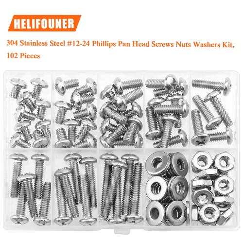 HELIFOUNER 102 Pieces #12-24 Phillips Pan Head Machine Screws Nuts Washers Assortment Kit, Coarse Thread, Fully Machine Threaded, 304 Stainless Steel