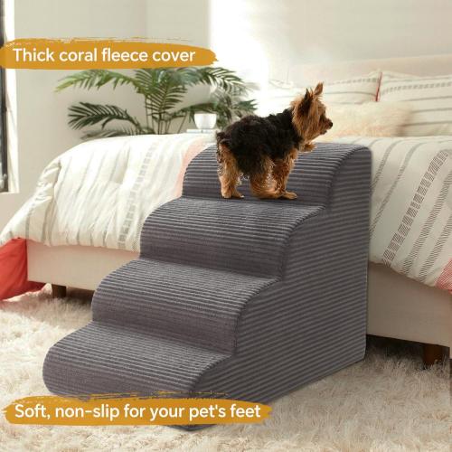Size Large Color Grey Curved Dog Stairs Ramp for High Beds  4-Step Dog Steps for Small Dogs and Cats, Removable and Washable Pet Stairs for High Bed Climbing, Non-Slip Balanced Pet Step Indoor, Deep Grey