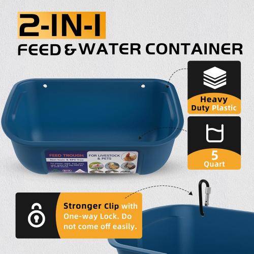 BUCKETS ONLY   Goovilla Chicken Feeder Waterer, Hanging or Screw-in Fence Feeders with Clips, 2 Pack 5 Quart Goat Feeding Supplies, Duck Piglet Sheeple Coop Dog Livestock Poultry Plastic Feeder Trough Bucket, Blue