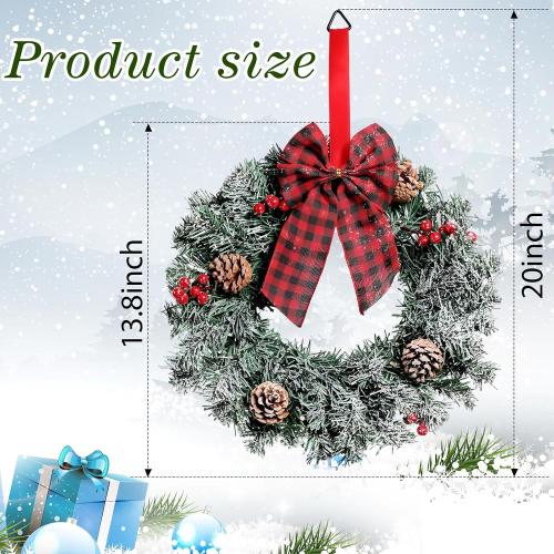 Geosar 3 Pcs Lighted Christmas Wreath, 13.8 Inch LED Christmas Wreaths with Buffalo Check Bow Pine Cone Berry, Small Lighted Xmas Window Wreaths for Front Door Wall Party Decor (Frosted)