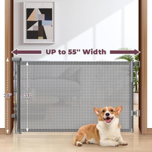 Retractable Baby Gates 2 Pack, 55 Wide Mesh Dog Gate Indoor, 34 Tall Gate for Stairs Doorways Hallways Deck, Child Pet Safety Gate for Indoor Outdoor Home Use, Grey