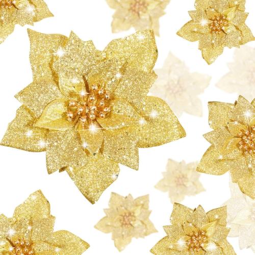 Boao 24 Pieces Glitter Poinsettia Artificial Christmas Flowers Poinsettia Decorations Wedding Christmas Tree Ornaments, 3/4/6 Inches (Gold)