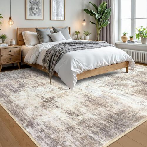 IOHOUZE Abstract Area Rugs 9x12 Ft Washable Large Rugs for Living Room, Non Slip Dining Room Rug, Printed Faux Wool Rugs for Bedroom, Floor Carpet for Office Nursery Playroom, Beige Brown
