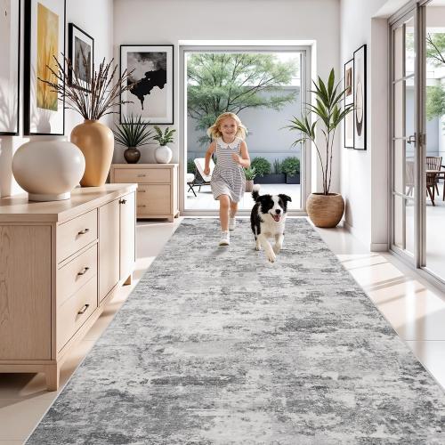 Washable Abstract Runner Rug 4x12: Non Slip Hallway Wide Carpet Black Grey | Low Pile Moderm Decor Runners for Kitchen Bedroom - Soft Easy Clean Thin Indoor Floor Rugs for Seniors Dog Cat Family