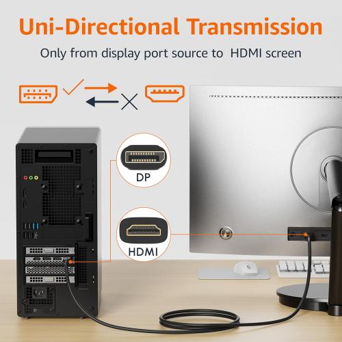 Amazon Basics DisplayPort to HDMI Cable, Uni-Directional, 4K@30Hz, 1920x1200, 1080p, Gold-Plated Connectors for Enhanced Picture Quality and Sound, 6 ft, Black