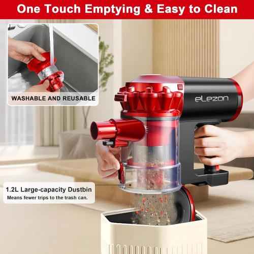 Red elezon A200 Cordless Vacuum Cleaner with 18000Pa Powerful Suction, 38 Min Runtime, 2200mAh Battery, HEPA Filter, Portable Stick Vacuum for Hardwood Floor, Lightweight Handheld for Home, Pet Hair, Car