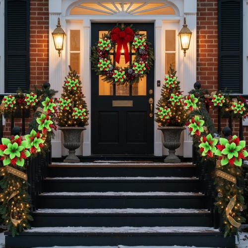 Zeyune 15 Pack Green Poinsettia Flowers Glitter Artificial Christmas Poinsettia Decor 5.5'' Plush Flowers Picks with Clips and Stems DIY for Xmas Tree Wreath Holiday Home Party Decor(Green Red)