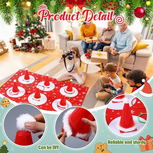 Leitee 46 Pcs Christmas Ring Toss Game Santa Hat Ring Toss Carnival Games for Adults 6 Plastic Cones 30 Rings 1 Cloth Mat 6 Plush Balls 2 Plush Strips and Glue for Christmas Party