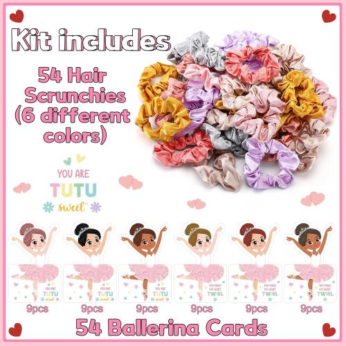 54 Sets Valentines Day Gifts for Kids Ballerina Cards with Hair Scrunchies Bulk Valentines Exchange Gifts for Classroom Ballet Recital Gift for Goodie Bag Stuffers Birthday Party Favors(Tutu)