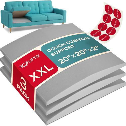 Couch Cushion Support for Sagging Seat, Couch Support for Sagging Cushions, Sofa Cushion Support, 3 Pack 20 x 20 x 2 Inch 45D High Density Foam Cushion Support, Non-Slip Stickers Included, Grey