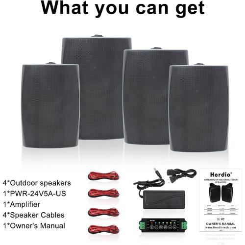 Herdio 6.5 Inch 800W Outdoor Bluetooth Speakers Wired Waterproof with Multifunctional Amplifier, Wall Mount Speaker for Patio Home Poolside Deck Backyard(2 Pairs,Black)