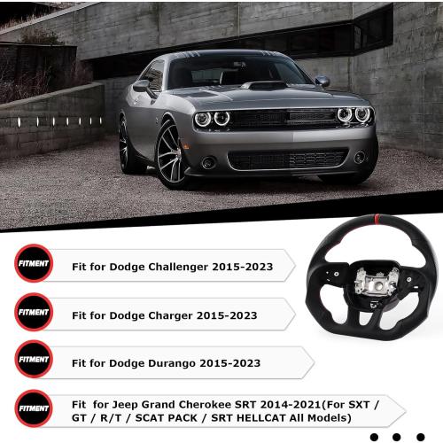 LOSCHEN Full Leather Steering Wheel for Dodge Upgrade D-shaped Flat-bottom Perforated Leather Steering Wheel with Heating for Dodge/Jeep Grand Cherokee/SXT/GT/RT/SRT/HELLCAT
