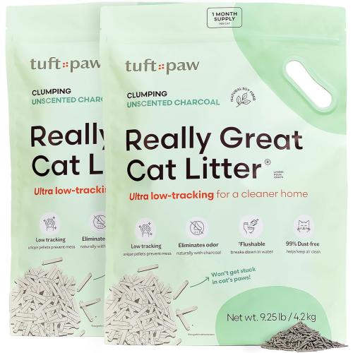 9.25lbs Per Bag, 2 Pack Tuft & Paw Really Great Cat Litter, Low Tracking Tofu Cat Litter, Clumping, Flushable, Odor Control, Dust-Free, Unscented - 9.25lbs x 2Bags