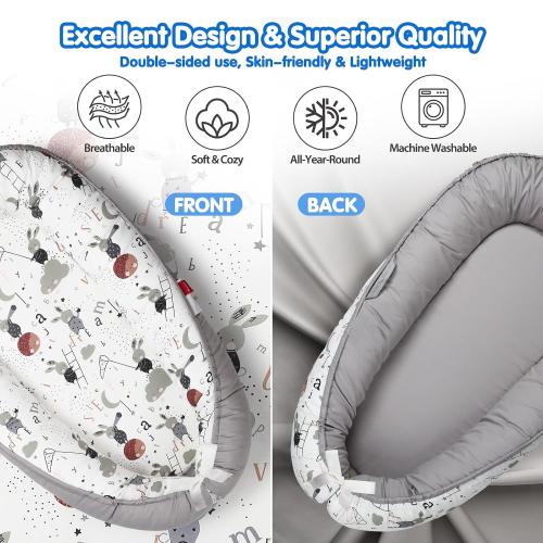 Color White and Grey elephants Baby Lounger - Breathable & Soft Baby Nest, Portable and Lightweight Tummy Time Lounger for Home and Travel, Ideal Newborn Babies Essentials Baby Shower Gifts