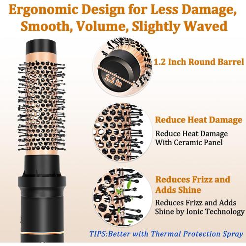 Round Hair Blow Dryer Brush - 1.2 Inch Ceramic Barrel Hair Dryer Brush for Short/Middle Hair, One Step Drying, Volumizing, Straightening and Styling, Negative Ionic Dryer Brush (Black-Golden, 1.2)