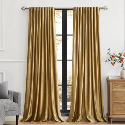 PRIMROSE Golden Velvet Curtains 120 inch Long for Living Room,Set of 2 Panels Blackout Rod Pocket Back Tab Window Treatment Room Darkening Heavy Decorative Curtains Drapes for Bedroom
