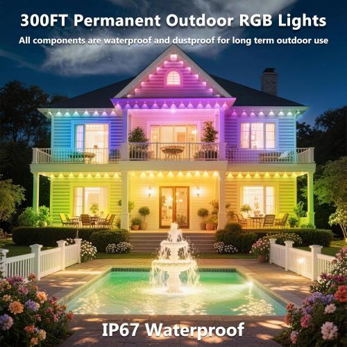 300FT/90M Permanent Outdoor RGB Lights, IP67 Waterproof Smart Eave Lighting, with App/Remote Control Eaves Light, DIY LED Scenes Modes for House Roof Decor,Party