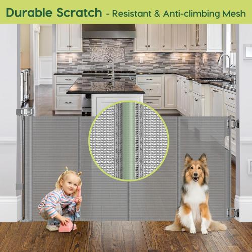 Reinforced 55 Wide Retractable Dog Gate with Support Rods, 33 Tall Retractable Baby Gate for Dogs, No Sag and Wrinkle Mesh Child Gates for Doorways, Indoor Pet Barrier Stair Gates for Kids, Gray