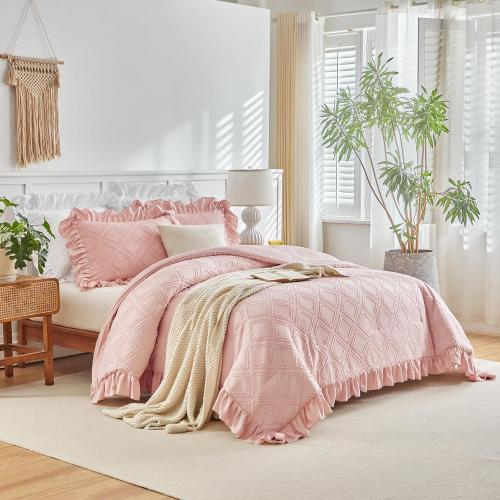 Tufted Ruffle Comforter Set Twin Size, Blush Pink Ruffled Farmhouse Comforters, Luxury Solid Soft and Embroidery Shabby Chic Boho Bohemian Bedding Set for Girls
