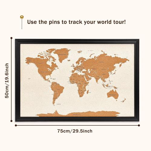 Wooden Frame Cork Board Map of World, 20 X 30 Bulletin Boards for Walls with 10 Pins, Travel Tracker Map for Office, School and Home (WD-MAP,5075,D)