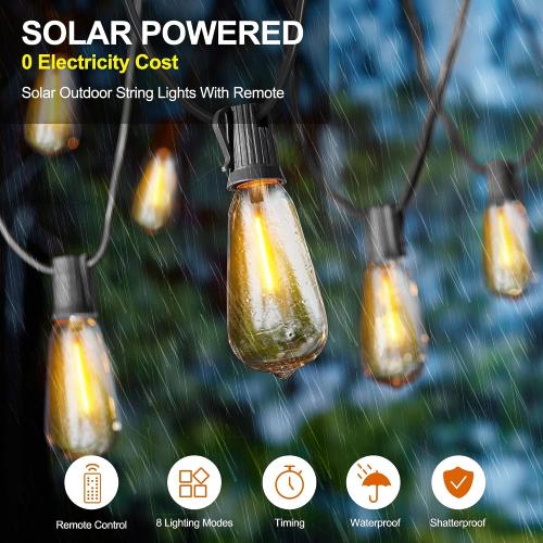 Size 60ft Stright Solar Powered String Light 240FT with Remote Control 8 Light Modes, Weatherproof Shatterproof ST38 LED Bulb, Total 60 Sockets, 1 to 4 Splitter cord String Lights (End to End 60FT, Total 240FT)
