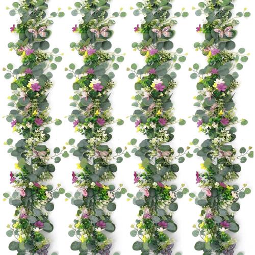 4 Pack 5.68 FT Artificial Daisy Garland with 3D Butterfly, Hanging Fake Flowers Greenery Eucalyptus Garland Floral Vines for Wedding Table Home Room Sping Decor