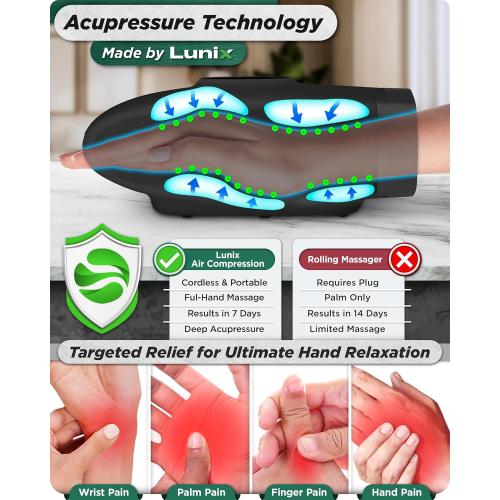 Lunix LX7 Electric Hand Massager with Compression, Pressure Point Therapy for Arthritis, Pain Relief and Carpal Tunnel, Shiatsu Massage Machine with Heat, with Hand Warmer, Black