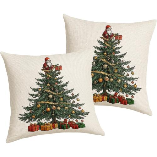 Merry Christmas Pillow Covers 18x18 Inch Santa Pine Tree Golden Balloons Throw Pillows For Couch Soft Durable Cushion Covers Winter Holiday Farmhouse Pillow Cases for Bed Sofa Decor Set of 2