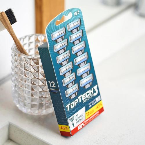 Razor 3 for Men - Replaceable Cartridges for Manual Shaving Razor - 3-Blade Technology Refills - Fits Gillette Mach3 - Soft Shave Sharp Blades - Cost-effective Refill (12 refills)